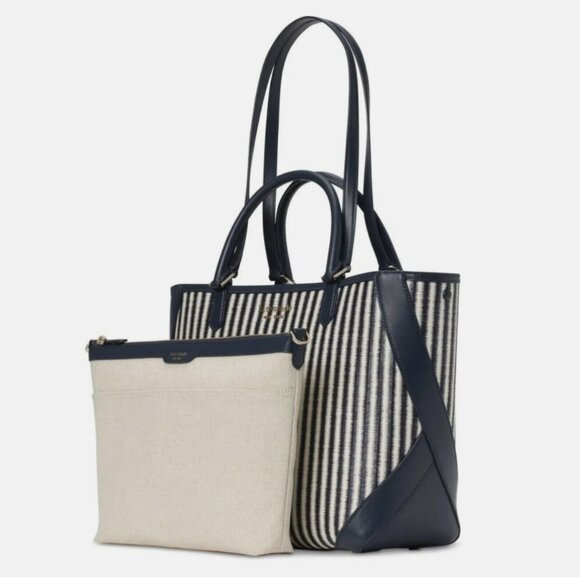 Kate Spade Buddie Striped Straw Small Tote with Zip Pouch - Blazer Blue Multi - Picture 2 of 5